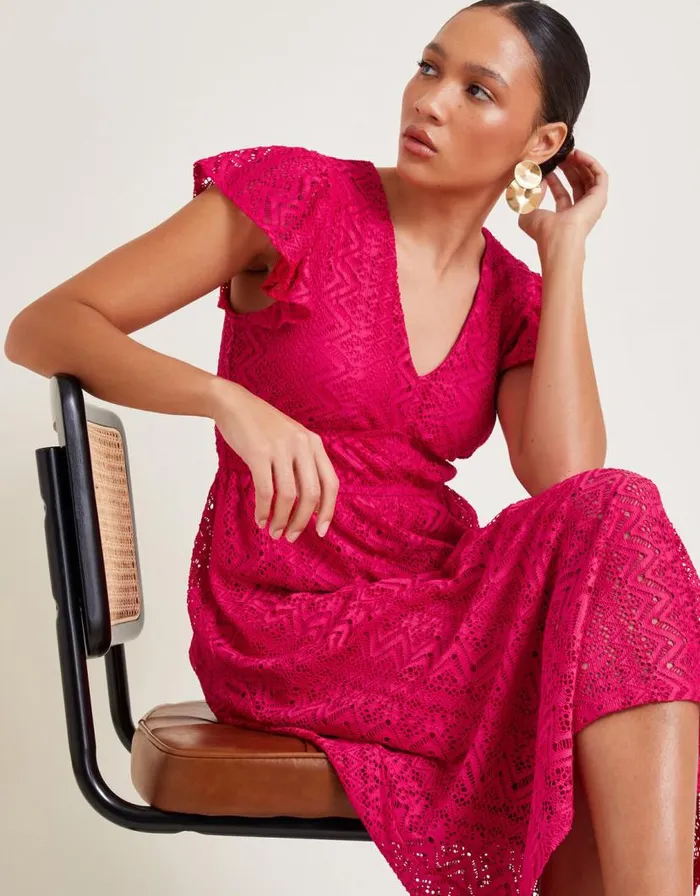 Monsoon Lo Lace Jersey Ruffle Dress Pink Women Midi Dresses Monsoon Lo Lace Jersey Ruffle Dress Pink Women Midi Dresses