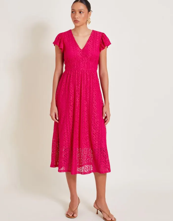 Monsoon Lo Lace Jersey Ruffle Dress Pink Women Midi Dresses Monsoon Lo Lace Jersey Ruffle Dress Pink Women Midi Dresses