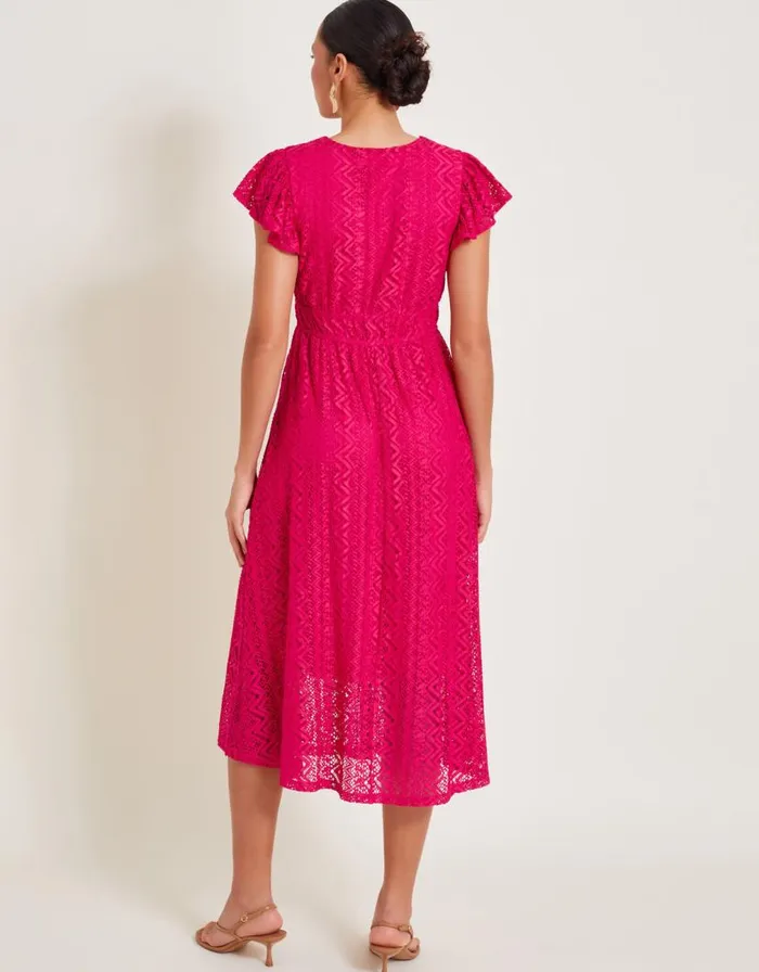 Monsoon Lo Lace Jersey Ruffle Dress Pink Women Midi Dresses Monsoon Lo Lace Jersey Ruffle Dress Pink Women Midi Dresses