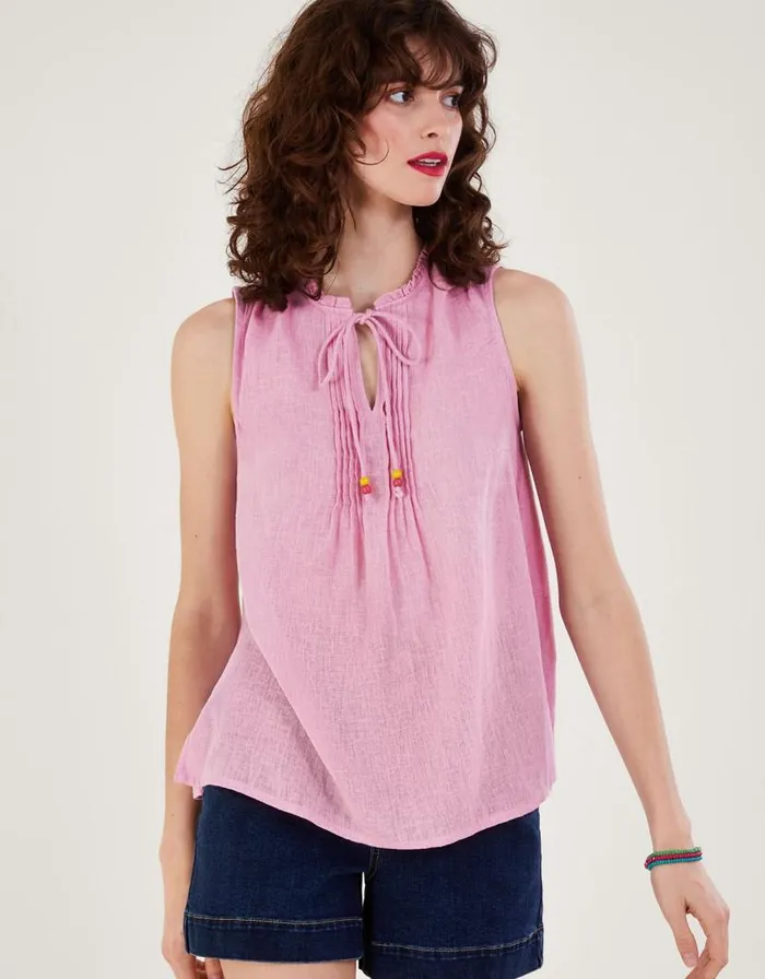 Monsoon Long Line Tank Top In Linen Blend Pink Women Tops and Blouses