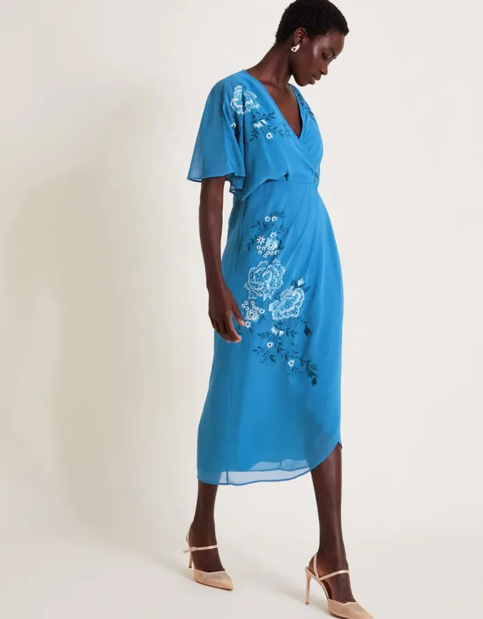 Monsoon Lyla Floral Embellished Midi Dress Blue Women Occasionwear