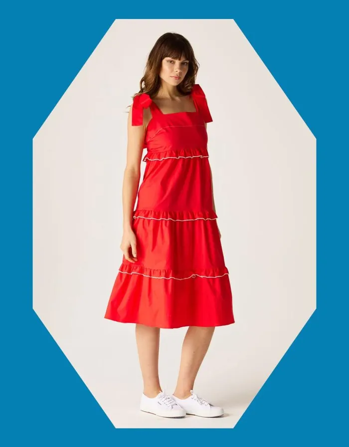Monsoon Mirla Beane Tiered Midi Dress Red Women Occasion Dresses