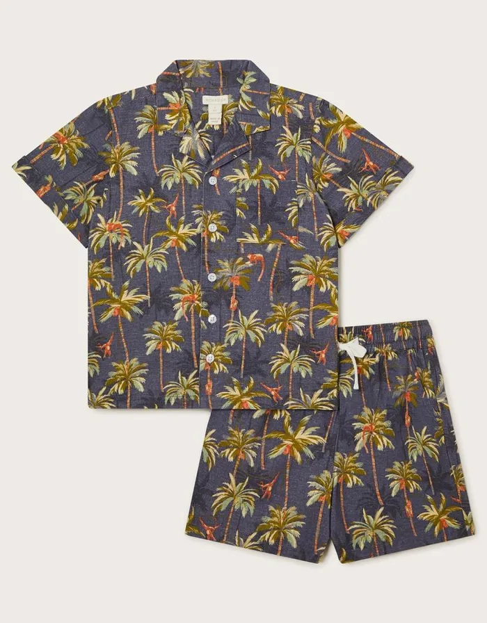 Monsoon Monkey Print Shirt And Shorts Set Blue Children Suits and Sets