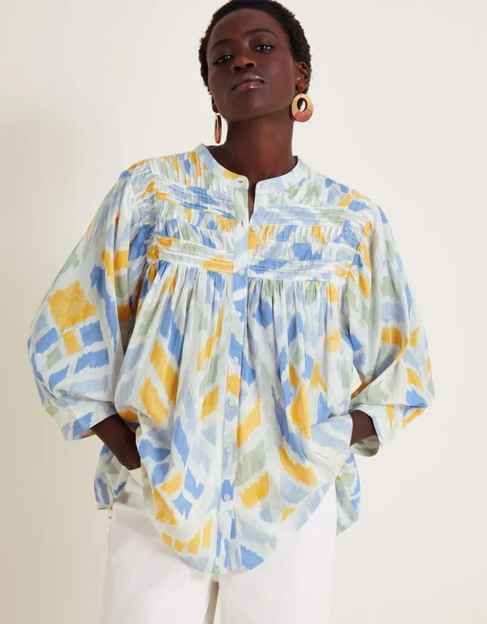 Monsoon Myla Print Pintuck Blouse Ivory Women Tops and Blouses