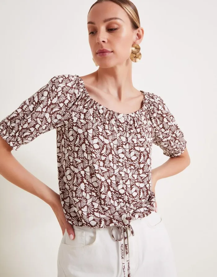 Monsoon Natalia Print Jersey Top Brown Women Tops and Blouses