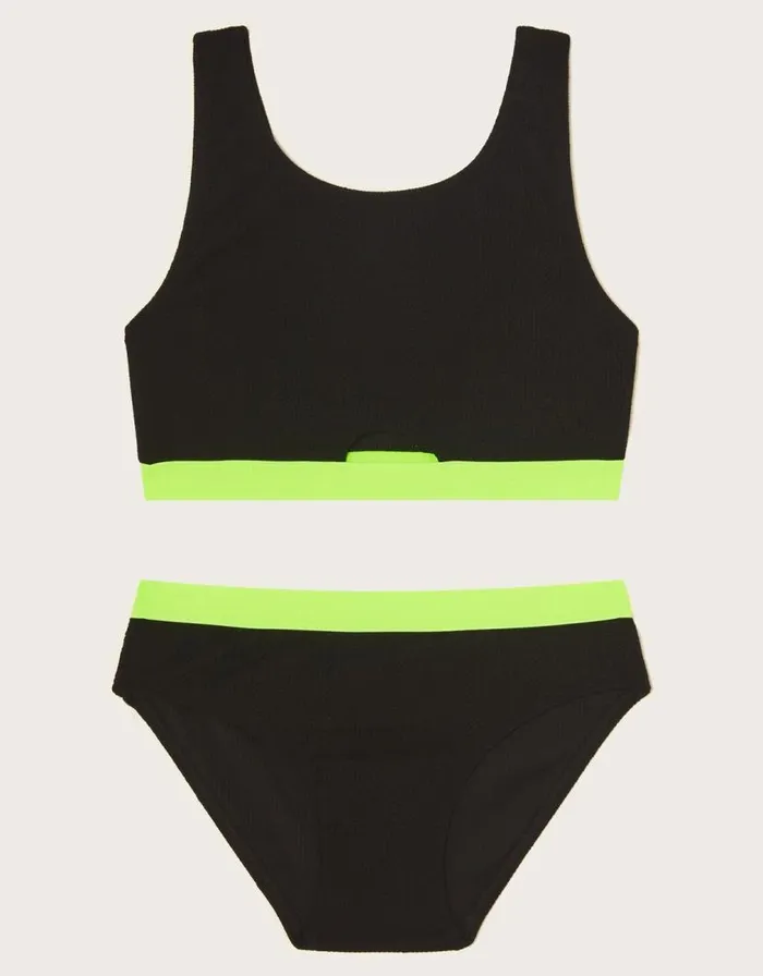 Monsoon Neon Trim Seersucker Bikini Set Black Children Beachwear and Swimwear