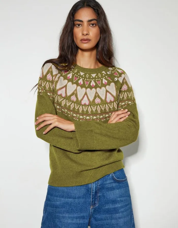 Monsoon Paula Heart Knit Jumper Green Women Knitwear