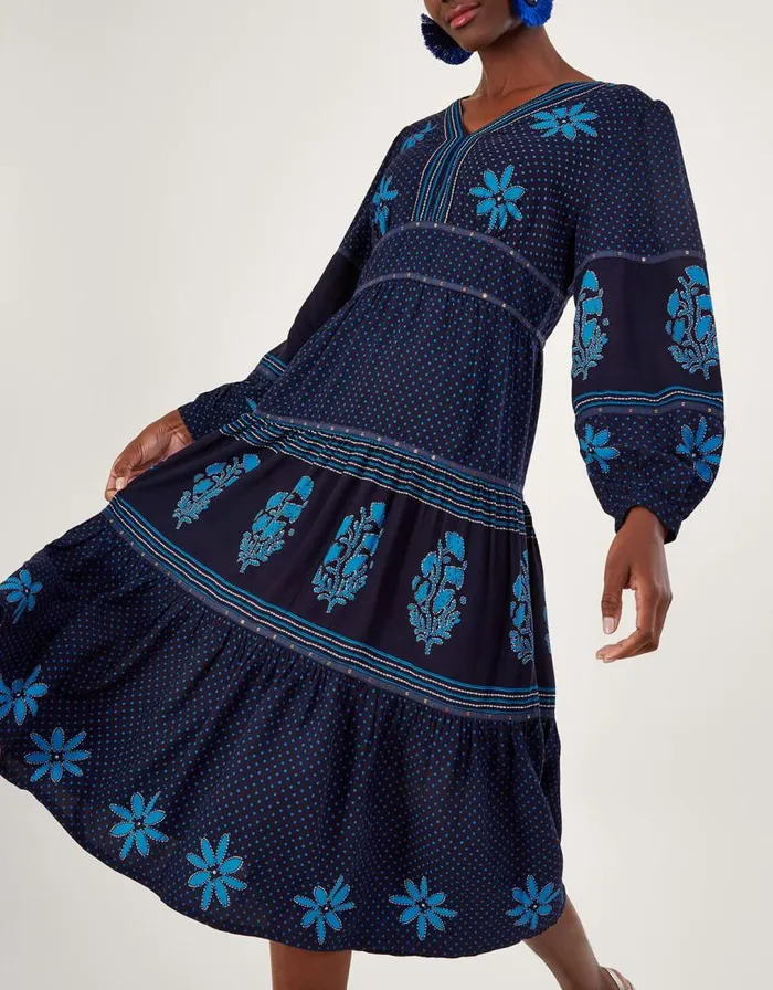 Monsoon Petal Embellished Print Maxi Dress Blue Women Casualwear