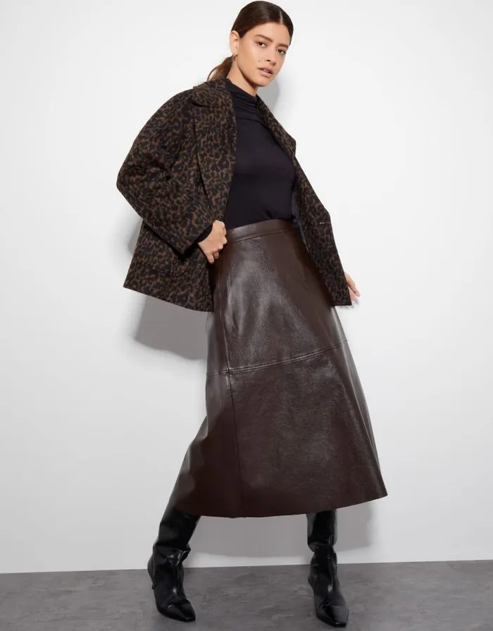 Monsoon Pippa Faux Leather Midi Skirt Brown Women Skirts