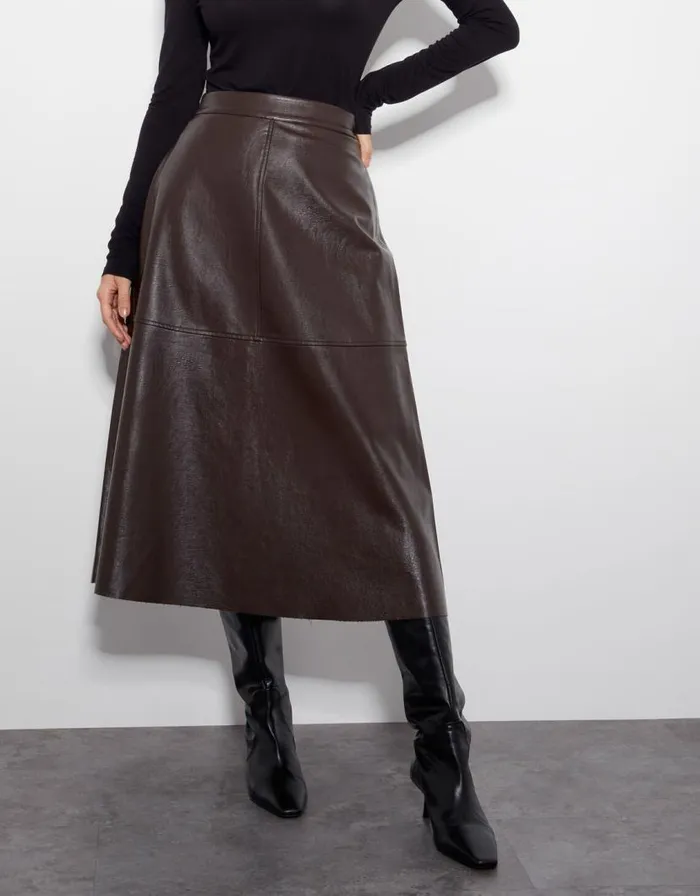Monsoon Pippa Faux Leather Midi Skirt Brown Women Skirts Monsoon Pippa Faux Leather Midi Skirt Brown Women Skirts