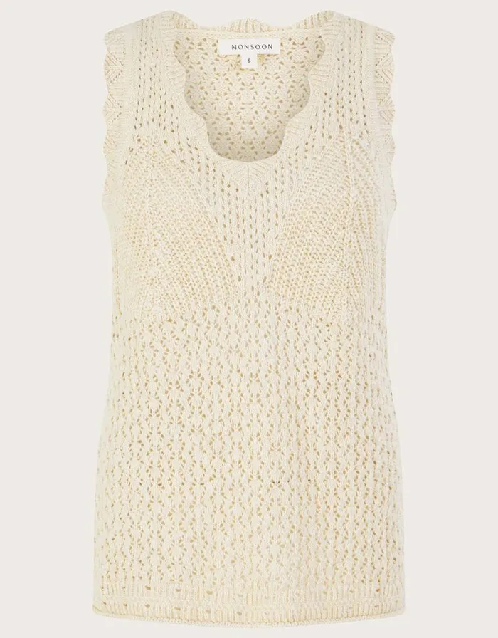Monsoon Pointelle Knit Sleeveless Tank Ivory Women Knitwear Monsoon Pointelle Knit Sleeveless Tank Ivory Women Knitwear