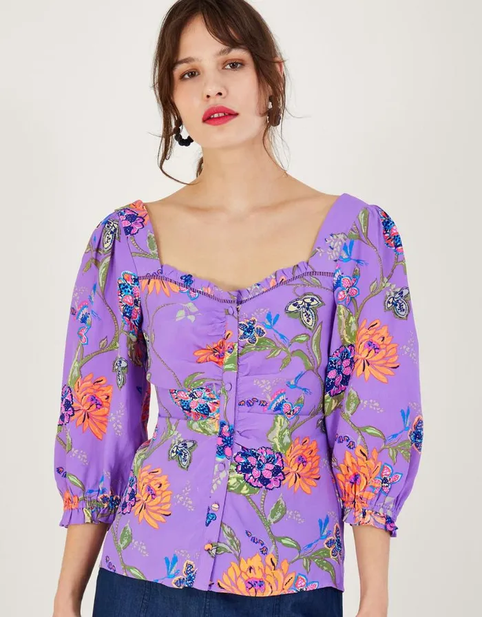 Monsoon Regina Print Puff Sleeve Top Purple Women Tops and Blouses