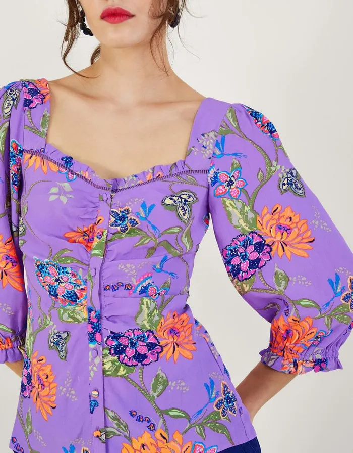 Monsoon Regina Print Puff Sleeve Top Purple Women Tops and Blouses Monsoon Regina Print Puff Sleeve Top Purple Women Tops and Blouses