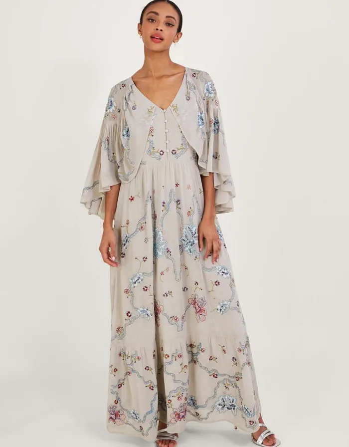 Monsoon Seraphina Embroidered Cape Maxi Dress Nude Women Occasionwear