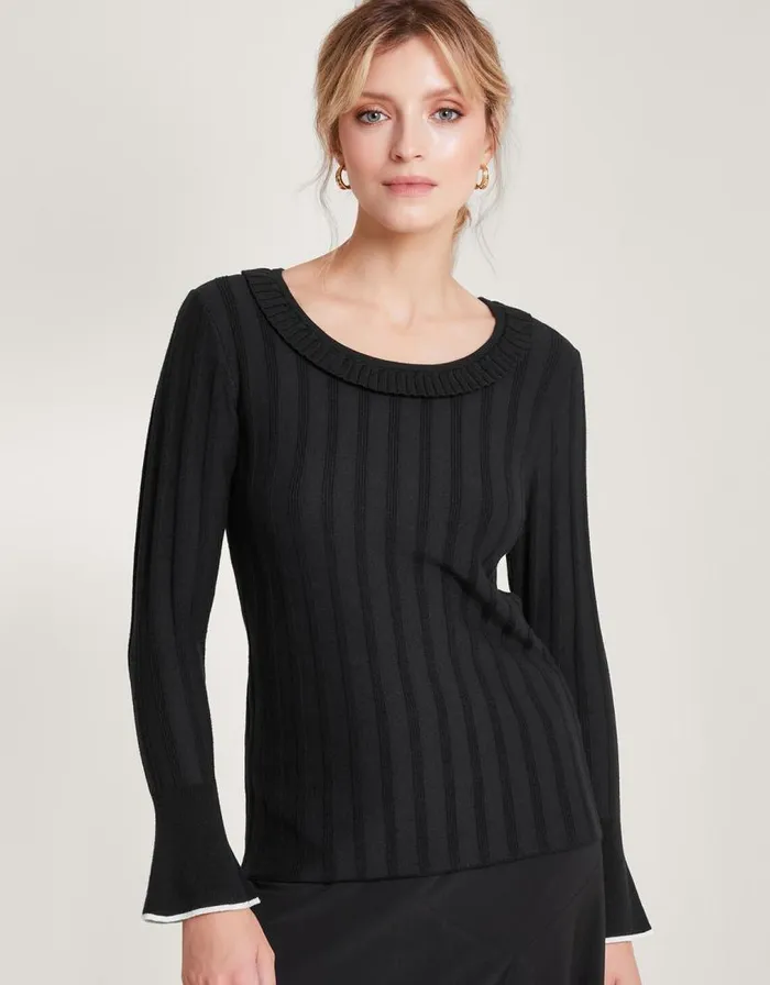 Monsoon Smart Ribbed Frill Jumper With LENZING ECOVERO Black Women Knitwear