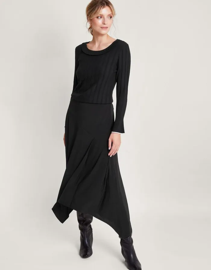 Monsoon Smart Ribbed Frill Jumper With LENZING ECOVERO Black Women Knitwear Monsoon Smart Ribbed Frill Jumper With LENZING ECOVERO Black Women Knitwear