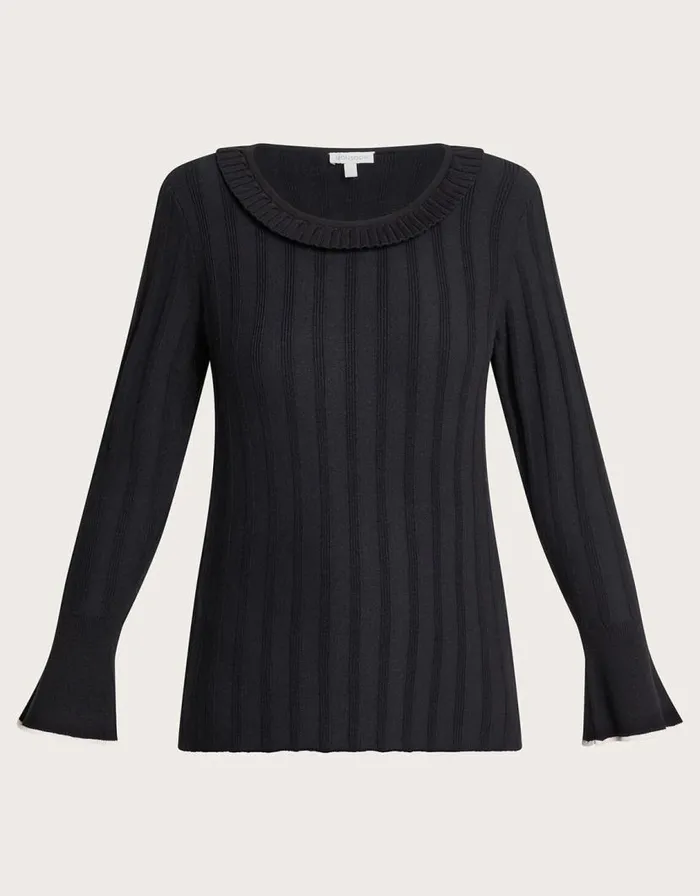 Monsoon Smart Ribbed Frill Jumper With LENZING ECOVERO Black Women Knitwear Monsoon Smart Ribbed Frill Jumper With LENZING ECOVERO Black Women Knitwear