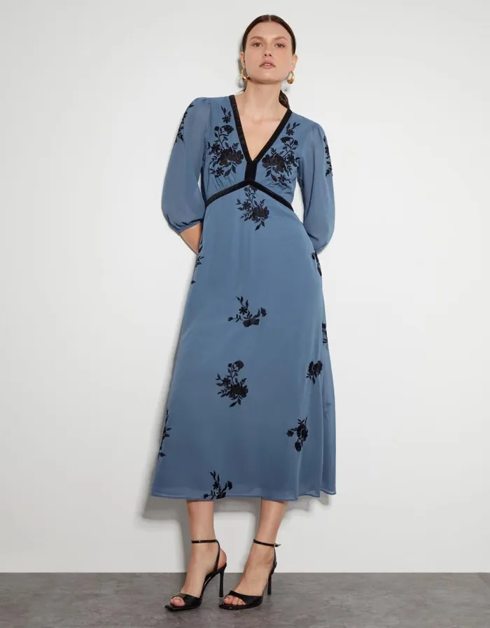 Monsoon Tessa VNeck Floral Midi Dress Blue Women Occasionwear