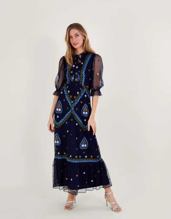 Monsoon Tracey Embroidered Maxi Dress In Recycled Polyester Blue Women Occasionwear Monsoon Tracey Embroidered Maxi Dress In Recycled Polyester Blue Women Occasionwear
