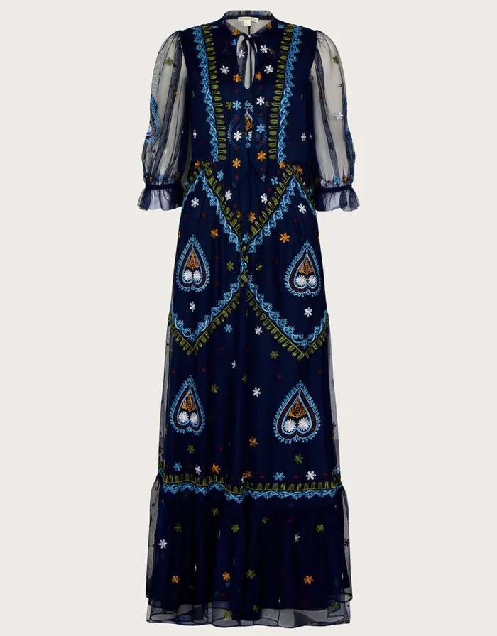 Monsoon Tracey Embroidered Maxi Dress In Recycled Polyester Blue Women Occasionwear Monsoon Tracey Embroidered Maxi Dress In Recycled Polyester Blue Women Occasionwear
