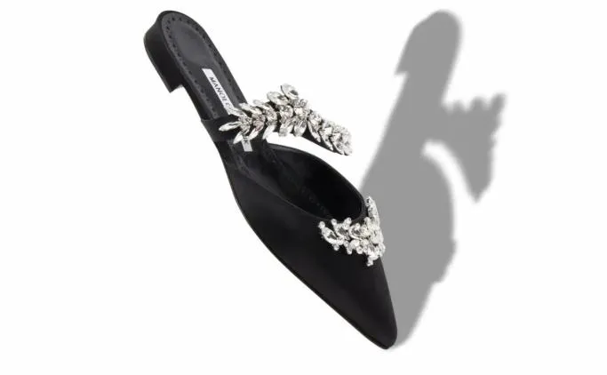Mules Women Manolo Blahnik LURUMFLATBlack Satin Crystal Embellished Flat Mules Mules Women Manolo Blahnik LURUMFLATBlack Satin Crystal Embellished Flat Mules