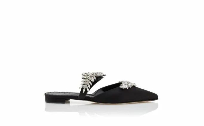 Mules Women Manolo Blahnik LURUMFLATBlack Satin Crystal Embellished Flat Mules Mules Women Manolo Blahnik LURUMFLATBlack Satin Crystal Embellished Flat Mules