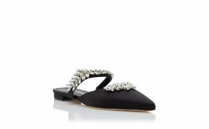 Mules Women Manolo Blahnik LURUMFLATBlack Satin Crystal Embellished Flat Mules Mules Women Manolo Blahnik LURUMFLATBlack Satin Crystal Embellished Flat Mules