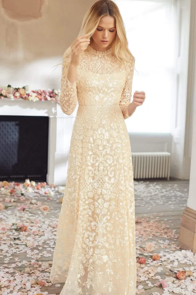 Needle and Thread Aurelia Long Sleeve Gown Champagne Women Embellished Dresses