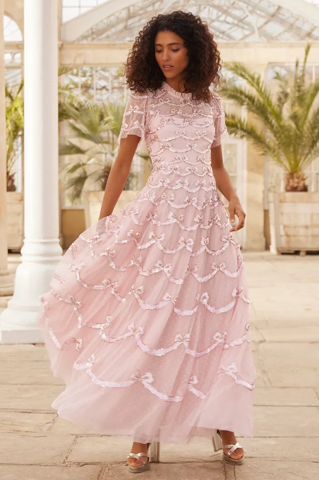Needle and Thread Bow Sequin Short Sleeve Gown Pink Women Embellished Dresses Needle and Thread Bow Sequin Short Sleeve Gown Pink Women Embellished Dresses