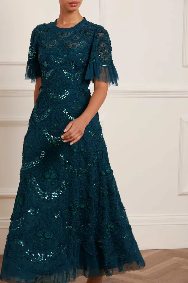 Needle and Thread Carmen Ruffle Ankle Gown Green Women Embellished Dresses