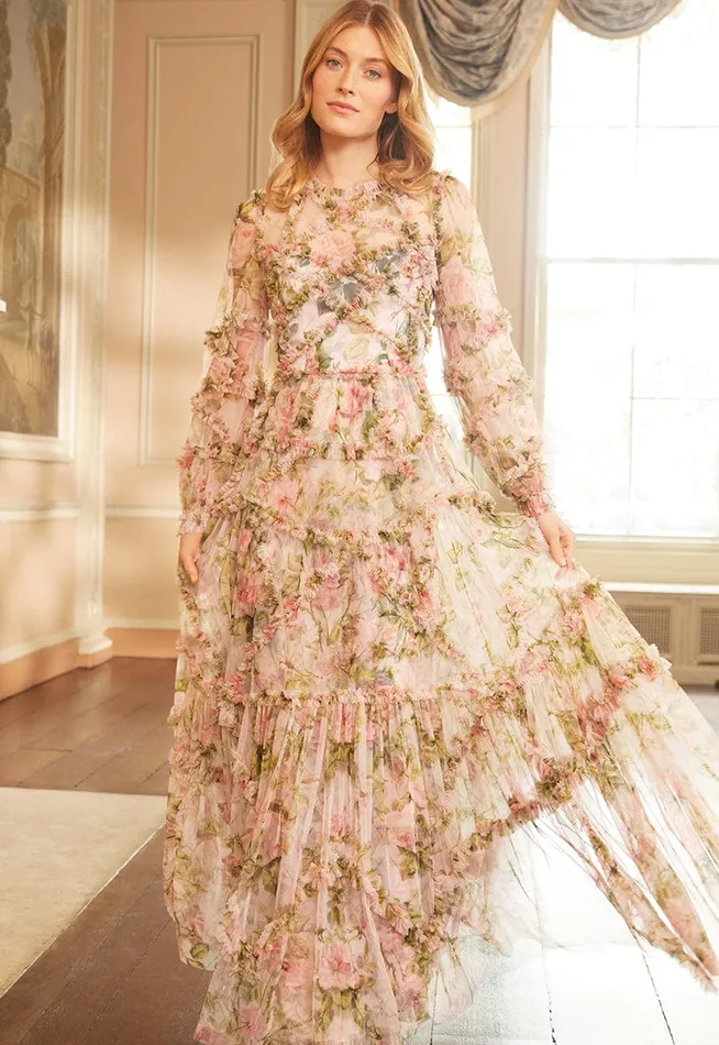 Needle and Thread English Rose Diamond Ruffle Gown Pink Women Printed Dresses