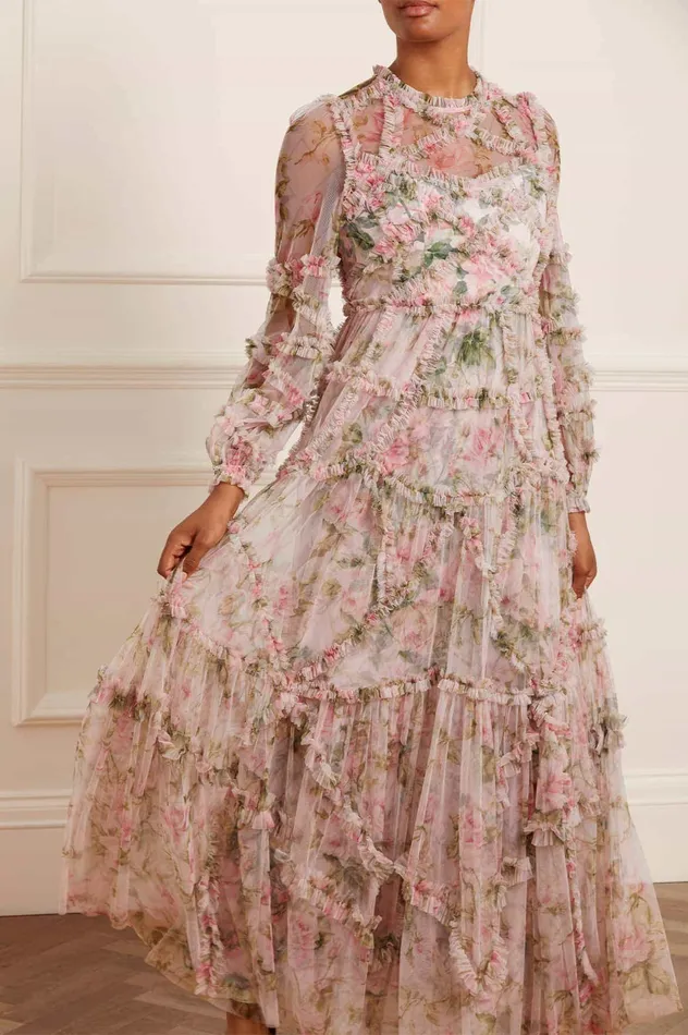 Needle and Thread English Rose Diamond Ruffle Gown Pink Women Printed Dresses