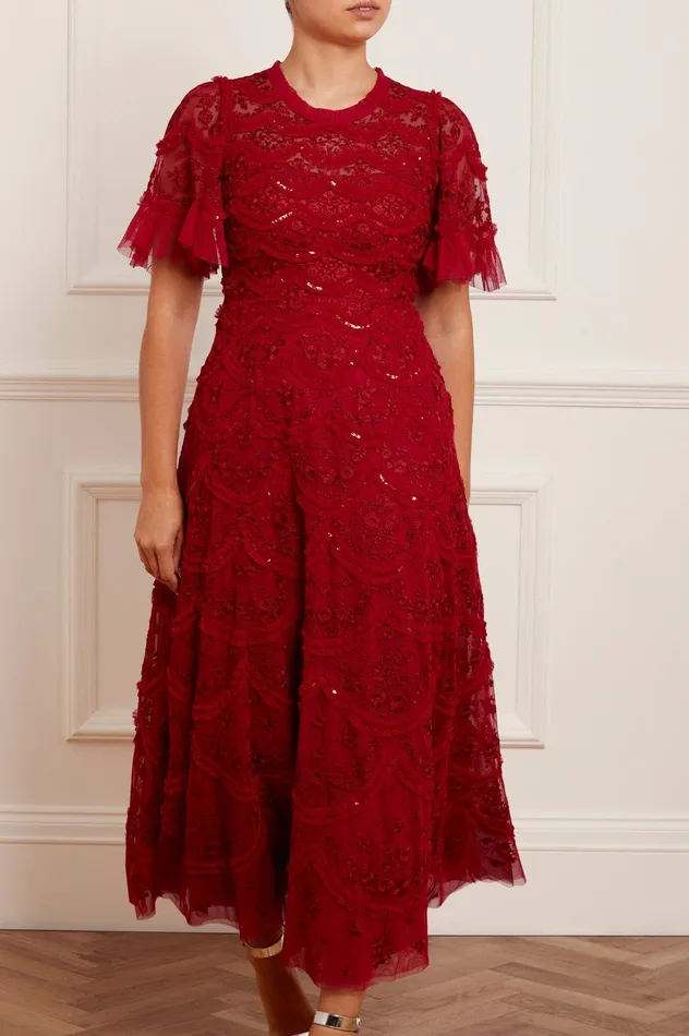Needle and Thread Lily Bloom Ankle Gown Red Women Embroidered Dresses
