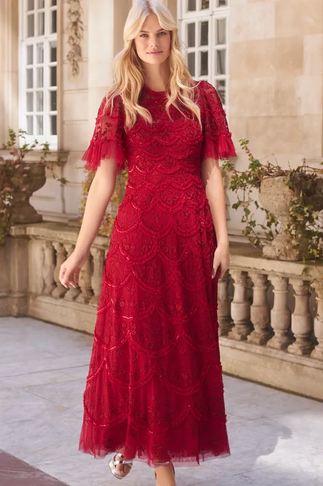 Needle and Thread Lily Bloom Ankle Gown Red Women Embroidered Dresses