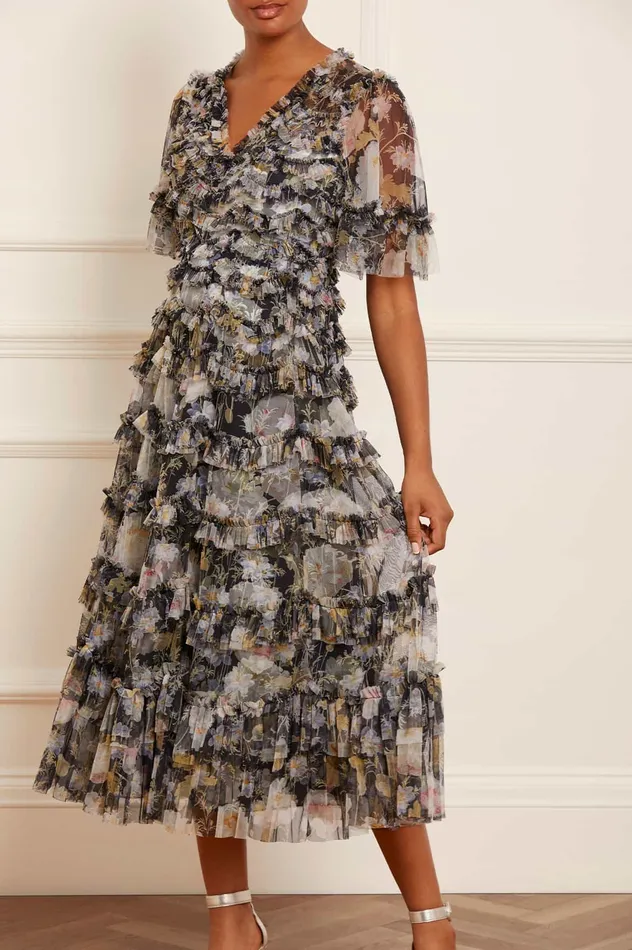 Needle and Thread Moonlight Petals VNeck Ballerina Dress Black Women Evening Dresses