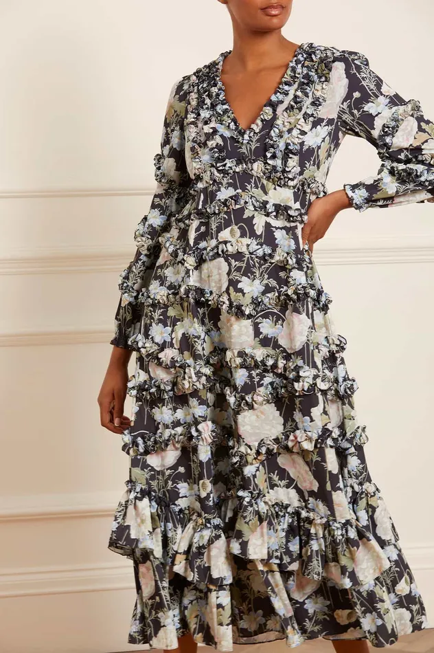 Needle and Thread Moonlight Petals VNeck Crepe Ankle Gown Black Women Day Dresses