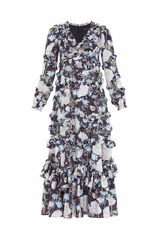 Needle and Thread Moonlight Petals VNeck Crepe Ankle Gown Black Women Day Dresses