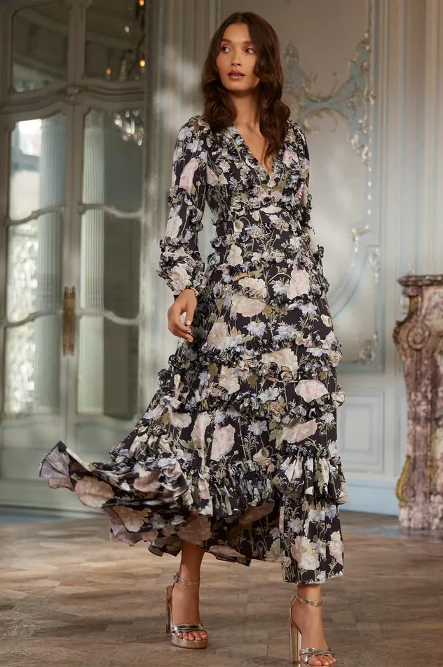 Needle and Thread Moonlight Petals VNeck Crepe Ankle Gown Black Women Day Dresses