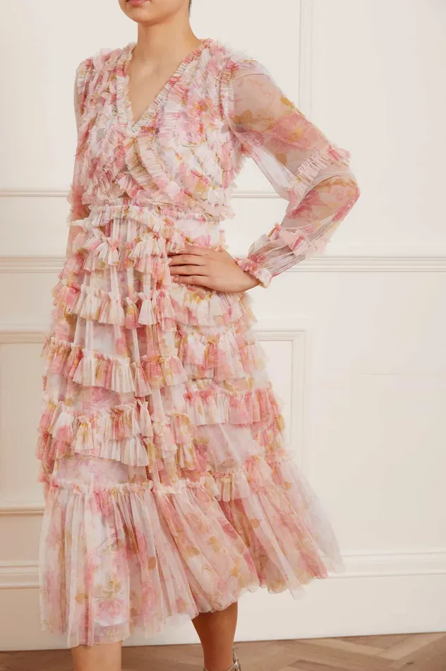 Needle and Thread Rose Bluebell Ruffle Ballerina Dress Pink Women Printed Dresses