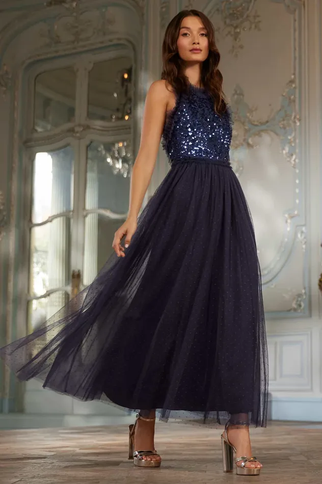 Needle and Thread Sequin Wreath Bodice Halter Neck Ankle Gown Blue Women Embellished Dresses Needle and Thread Sequin Wreath Bodice Halter Neck Ankle Gown Blue Women Embellished Dresses