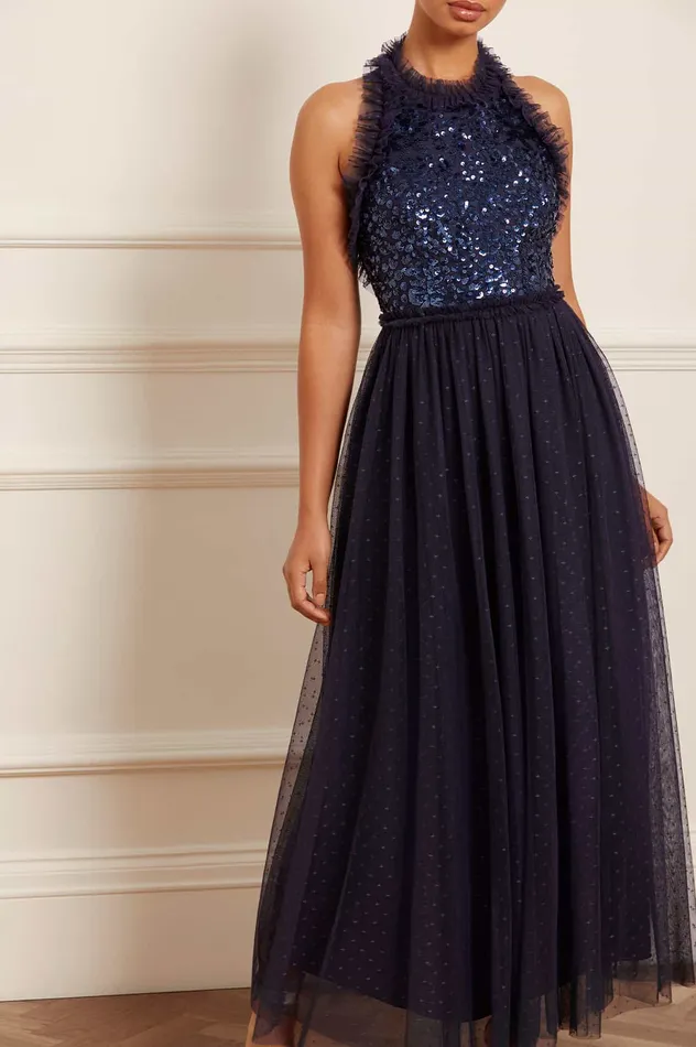Needle and Thread Sequin Wreath Bodice Halter Neck Ankle Gown Blue Women Embellished Dresses