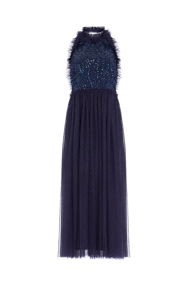 Needle and Thread Sequin Wreath Bodice Halter Neck Ankle Gown Blue Women Embellished Dresses