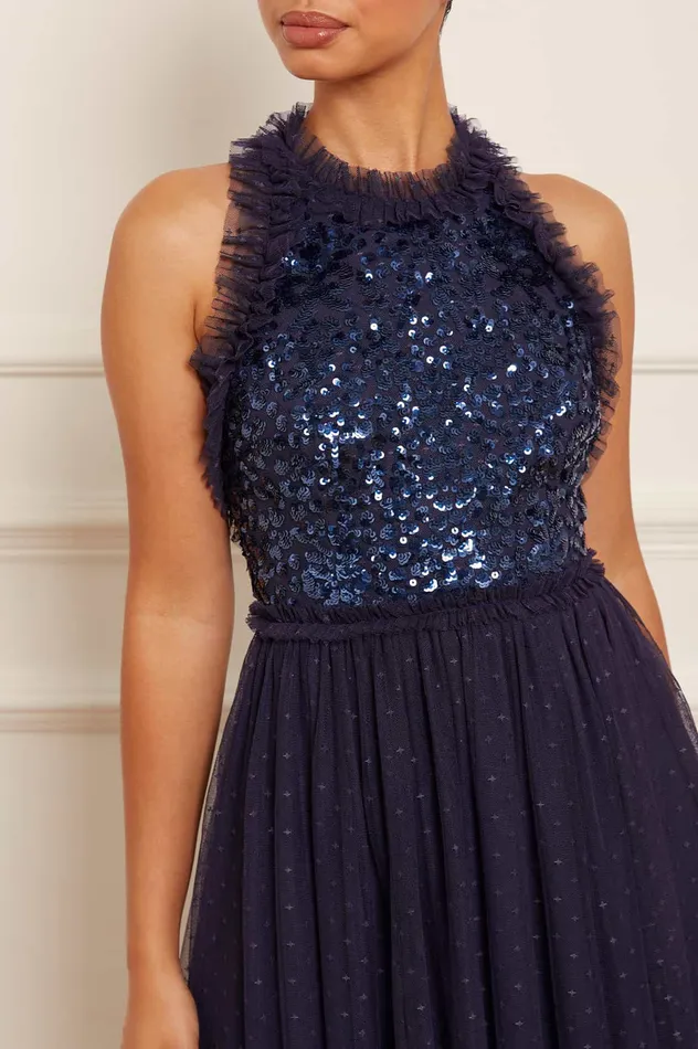 Needle and Thread Sequin Wreath Bodice Halter Neck Ankle Gown Blue Women Embellished Dresses