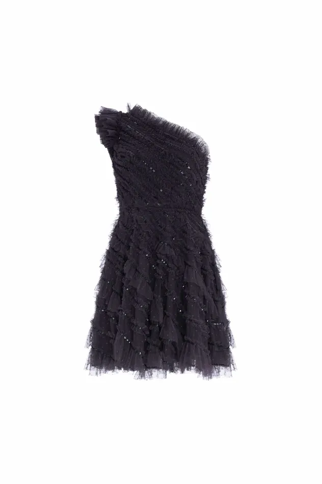 Needle and Thread Spiral Sequin OneShoulder Micro Mini Dress Black Women Embellished Dresses