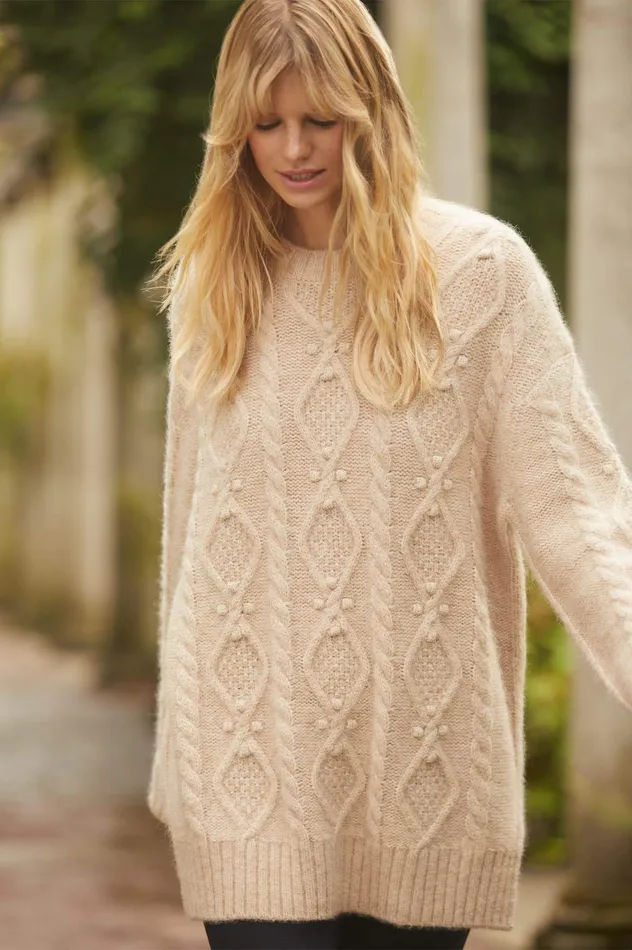 Needle and Thread Sylvie Cable Longline Jumper Beige Women Knitwear