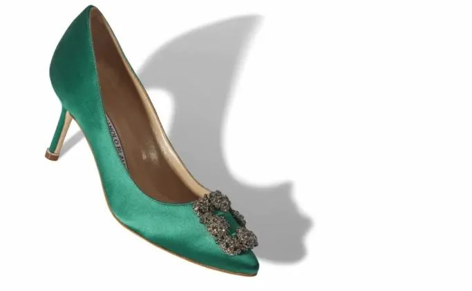Pumps Women Manolo Blahnik HANGISI 70Green Satin Jewel Buckle Pumps
