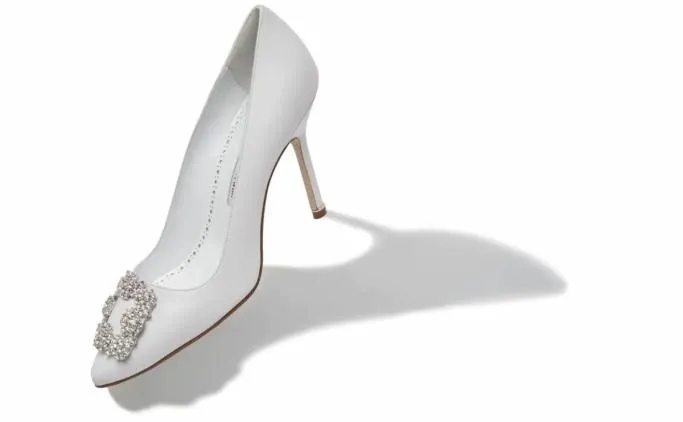 Pumps Women Manolo Blahnik HANGISIWhite Calf Leather Jewel Buckle Pumps