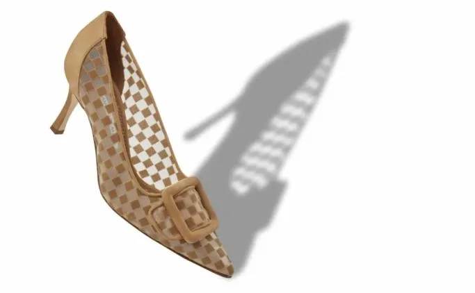 Pumps Women Manolo Blahnik MAYSALEPUMP 70Light Brown Mesh Checkered Pumps