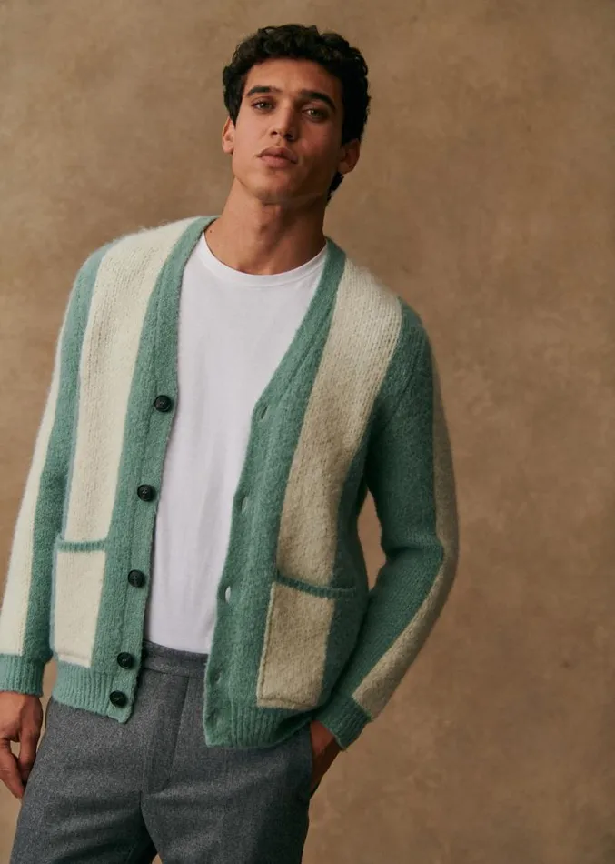 Szane Knitwear Mens Mark Cardigan Aqua Green Ecru