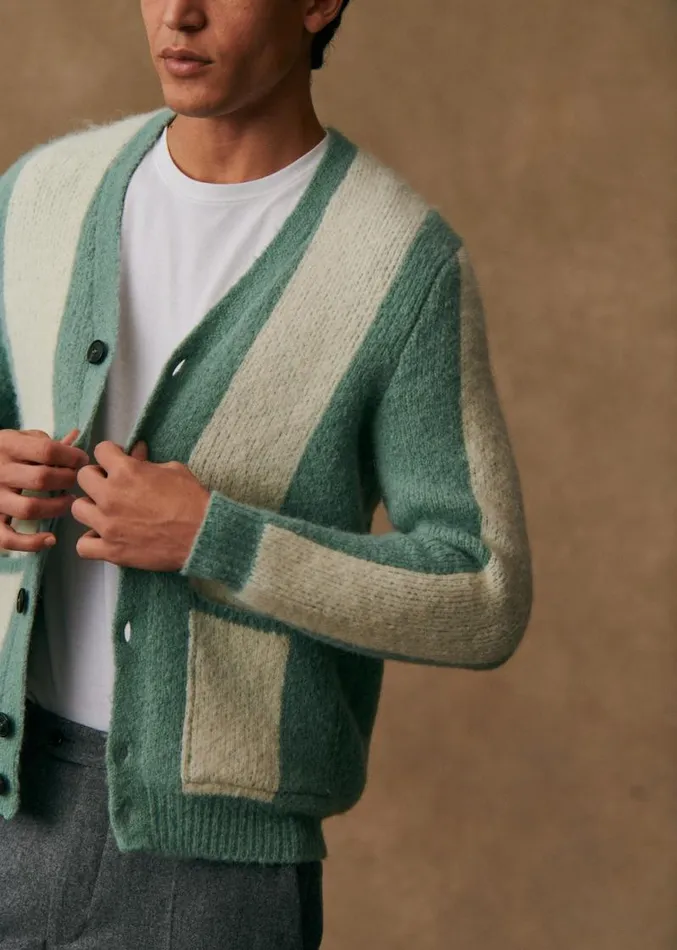 Szane Knitwear Mens Mark Cardigan Aqua Green Ecru